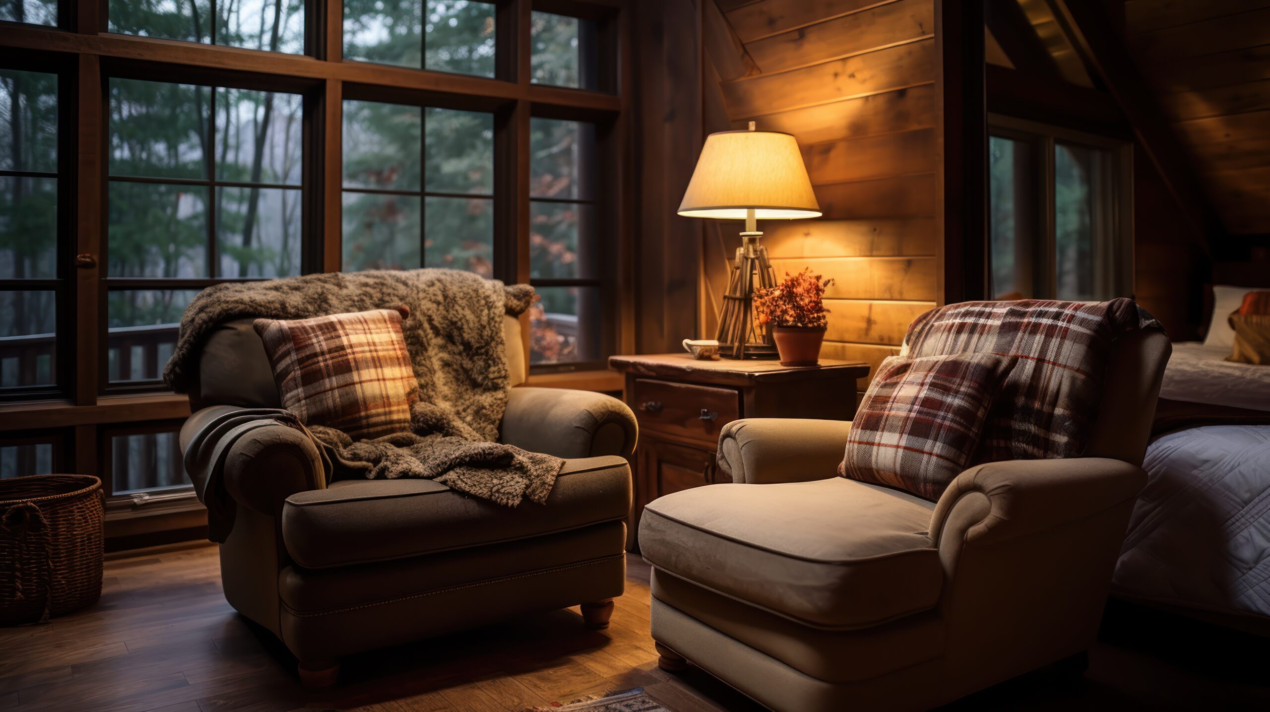 Cozy chair in a cabin-style bedroom interior.