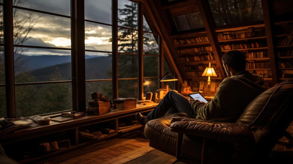 Man relaxing and reading a book by the window in a log cabin
